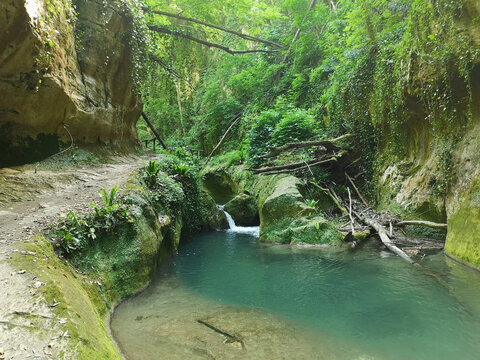 Glorious landscape of the Alento river springs, in Serramonacesca, Abruzzo, Italy