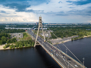 Plakat North bridge in Kiev. Aerial drone view.