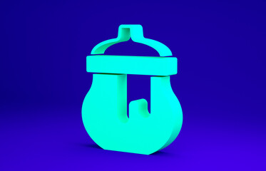 Green Jar of honey icon isolated on blue background. Food bank. Sweet natural food symbol. Minimalism concept. 3d illustration 3D render