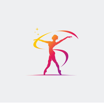 Young gymnast woman dance with ribbon logo