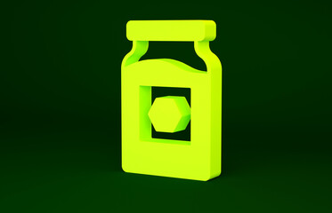 Yellow Jar of honey icon isolated on green background. Food bank. Sweet natural food symbol. Minimalism concept. 3d illustration 3D render