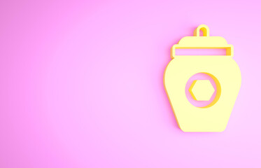 Obraz premium Yellow Jar of honey icon isolated on pink background. Food bank. Sweet natural food symbol. Minimalism concept. 3d illustration 3D render