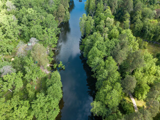Naklejka na ściany i meble Stream among green trees in spring. Aerial drone view.