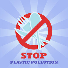Plastic spoon knife and fork. Prohibition sign. No symbol. Banner. Stop plastic pollution.