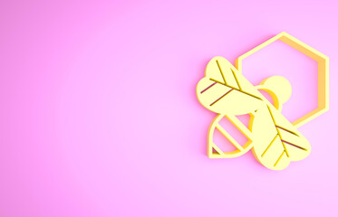 Yellow Bee and honeycomb icon isolated on pink background. Honey cells. Honeybee or apis with wings symbol. Flying insect. Sweet natural food. Minimalism concept. 3d illustration 3D render