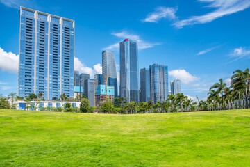 Obraz premium Building scenery and large lawn in Qianhai CBD, Shenzhen, China