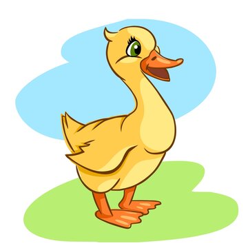 Image of duck in cartoon style on a colored background. Cute and funny character in yellow. Happy and joyful duckling.