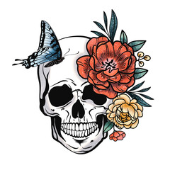 Human skull with flowers and butterfly. Retro style. Grunge effect. Print for t-shirt.