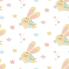 Seamless pattern fairy bunnies in abstract style on White background.Cute bunnies with a magic wand and wings Abstract modern print.Fabric pattern. Cartoon sweet vector. Funny cartoon character.