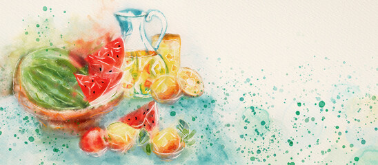 Summer picnic time. Watercolor background, design element - obrazy, fototapety, plakaty