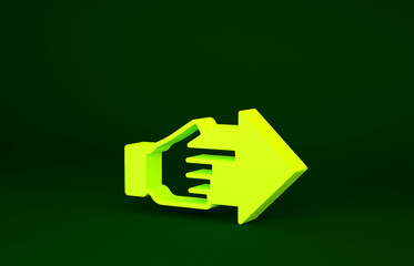 Yellow Hand with pointing finger with arrow icon isolated on green background. Business vision and target. Concept business finance, character, leader. Minimalism concept. 3d illustration 3D render
