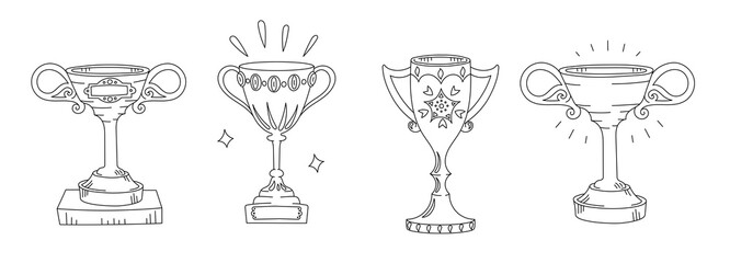 Award cup set. First place. Competition award trophy. Sport achievement. Editable stroke. Outline contour black line. Hand drawn vector.