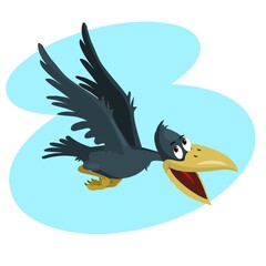 Image of a crow in cartoon style on a light blue background. Funny bird flies with an open big beak.