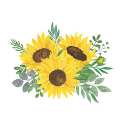 Floral composition, sunflower, leaves watercolor illustration, field agricultural plant summer bouquet, flower, branches, for greeting card, boho decor, wedding invitation template, holiday design
