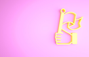 Yellow Hand holding flag icon isolated on pink background. Victory, winning and conquer adversity concept. Minimalism concept. 3d illustration 3D render
