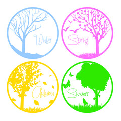 illustration in black and white style, the image of the seasons, winter, spring, Summer, Autumn.