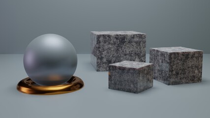 3d render of marble cube pedestal isolated on grey background, gold torus, and cphere Abstract minimal mockup.