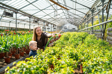 Naklejka na ściany i meble Woman with her little son watering plants in a greenhouse