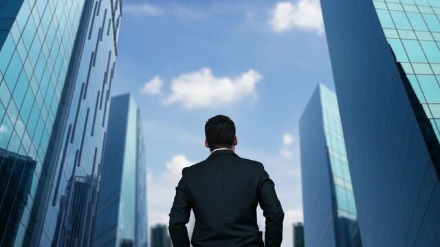 Visionary executive standing among tall buildings,
The city center is the center of economic growth.
