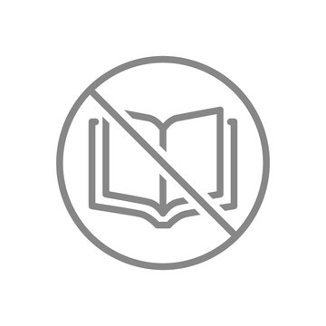 Forbidden sign with open book line icon. No book reading, stop thinking, education rejection symbol