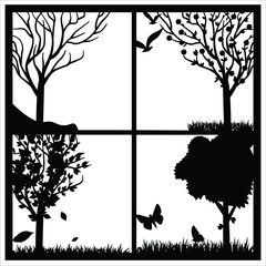 illustration in black and white style, the image of the seasons, winter, spring, Summer, Autumn.