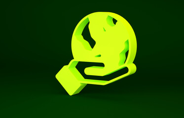 Yellow Human hand holding Earth globe icon isolated on green background. Save earth concept. Minimalism concept. 3d illustration 3D render