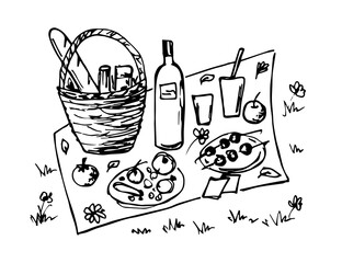 Picnic on the grass, summer season. Simple hand-drawn vector drawing in black outline. Wicker basket with food, plates, bottle of wine. Ink sketch.