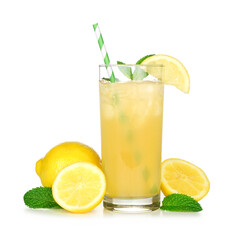 Glass of summer iced green tea lemonade with paper straw and lemons isolated on a white background