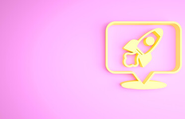 Yellow Rocket ship icon isolated on pink background. Space travel. Minimalism concept. 3d illustration 3D render