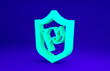Green Shield with flag icon isolated on blue background. Victory, winning and conquer adversity concept. Minimalism concept. 3d illustration 3D render
