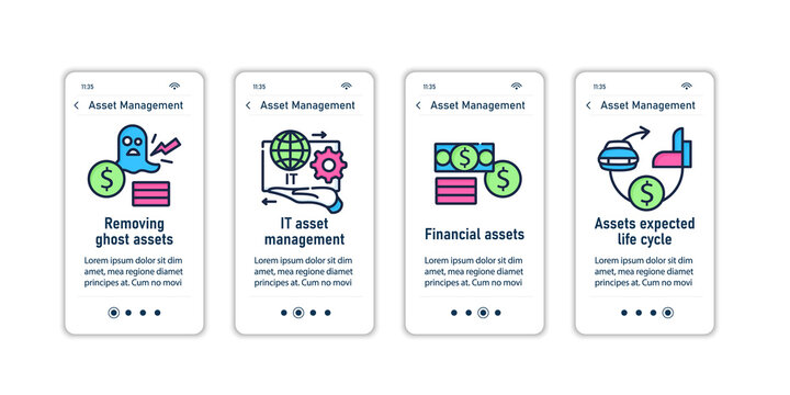 Asset Management Onboarding Mobile App Screens.Removing Ghost Assets. IT Management, Life Cycle.Control Steps Menu. Set Of UI, UX, Web Template With RGB Color Linear Icons