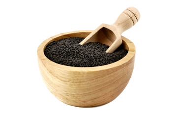 Lemon basil seeds in wooden bowl isolated on white background.food for help Reduce Cholesterol Levels For those who need to control weight