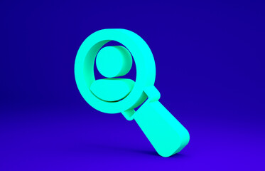 Green Magnifying glass for search a people icon isolated on blue background. Recruitment or selection concept. Search for employees and job. Minimalism concept. 3d illustration 3D render