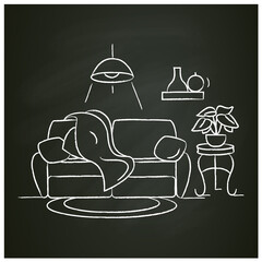 Living room interior chalk icon.Comfortable living room. Modern lounge with comfortable sofa. Apartment furniture sign. Home interior concept. Isolated vector illustration on chalkboard