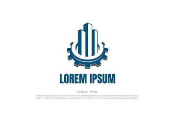 Fototapeta premium Simple Building with Gear Cog Machine for Industrial City Logo Design Vector