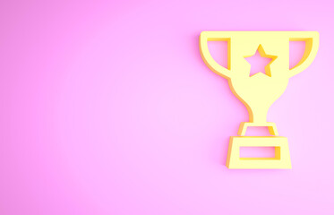 Yellow Award cup icon isolated on pink background. Winner trophy symbol. Championship or competition trophy. Sports achievement sign. Minimalism concept. 3d illustration 3D render