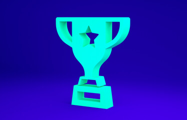 Green Award cup icon isolated on blue background. Winner trophy symbol. Championship or competition trophy. Sports achievement sign. Minimalism concept. 3d illustration 3D render