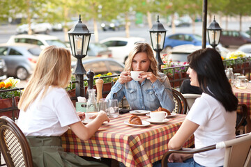 Women at cafe drinking coffeeand talking. Communication and friendship concept.