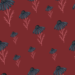 Random navy blue camomile flowers elements seamless pattern. Maroon background. Nature backdrop.