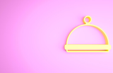 Yellow Covered with a tray of food icon isolated on pink background. Tray and lid sign. Restaurant cloche with lid. Kitchenware symbol. Minimalism concept. 3d illustration 3D render