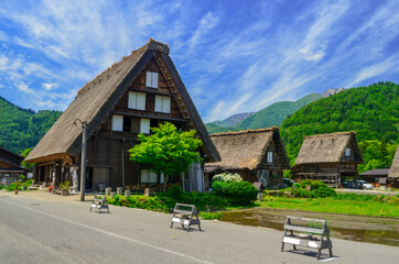 Fototapeta na wymiar Traditional Gassho Zukuri (Gassho-style) House in Shirakawa-go village, Gifu Prefecture, Japan.