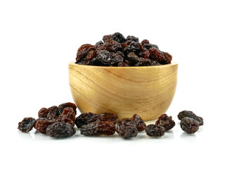 Black sweet Raisins or dried sweet grapes (kali kishmish or Zante currant) isolated on white background