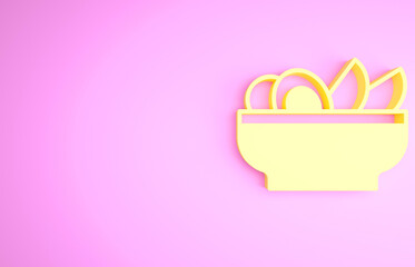 Yellow Nachos in plate icon isolated on pink background. Tortilla chips or nachos tortillas. Traditional mexican fast food menu. Minimalism concept. 3d illustration 3D render