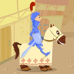 Funny knight in armor on a horse. Against the background of an ancient, medieval city. A colorful fairy tale. Image in cartoon style.