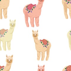 Llama cacti cartoon alpaca mexico Peru desert vector. Color illustration hand drawn print textile vintage. Children's cute picture patern seamless
