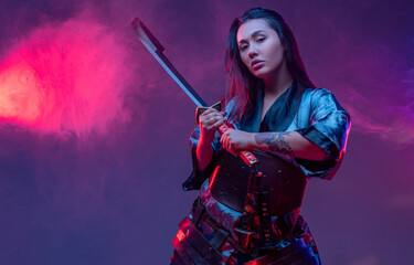Oriental woman warrior in cyberpunk style with sword
