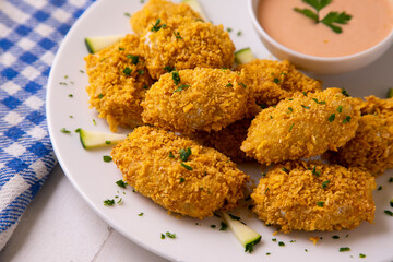 Fish croquettes with pink sauce.