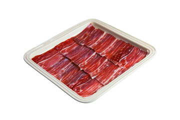 Plate of jabugo ham on white background.