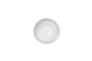 top view white deep small empty round clean ceramic gravy boat on isolated background with space for text. Copy space. Minimal style. A concept layout for labeling and placing food sauces. Mockup.