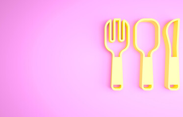 Yellow Fork, spoon and knife icon isolated on pink background. Cooking utensil. Cutlery sign. Minimalism concept. 3d illustration 3D render
